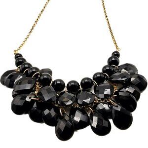 Black Faceted Resin Statement Bib Necklace Gold-tone Chain NWOT